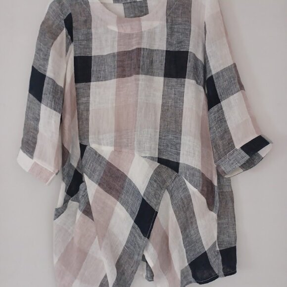 Helen’s Heart 100% Linen Plaid Tunic Top Women’s M Beige Black Gray Asymmetrical - Picture 7 of 8